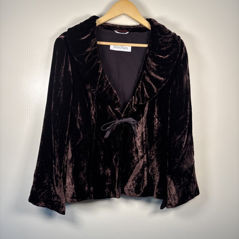Max Mara Brown Velvet Jacket Frilled-Collar Bow Closure Women's 12 Bell‎ Sleeve